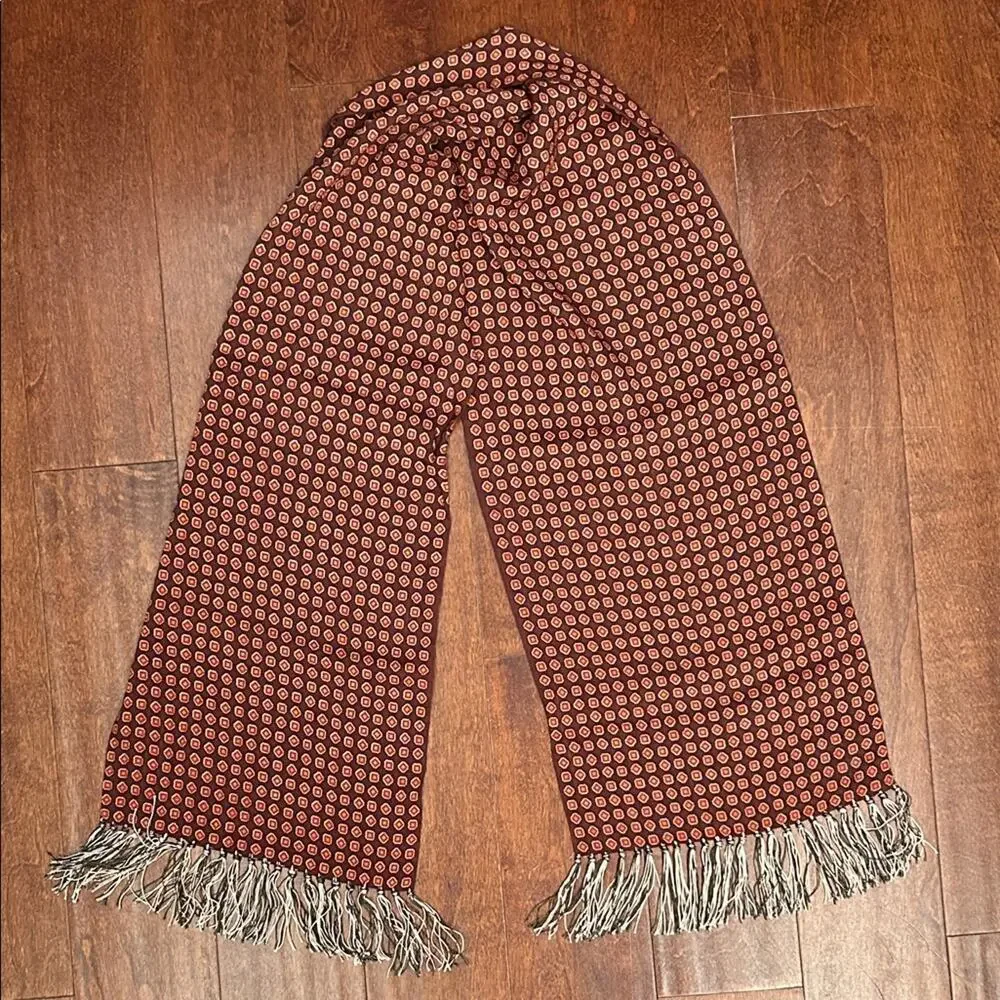Geometric Patterned Scarf with Fringe, Shades of Brown, Brick, Red and Beige
